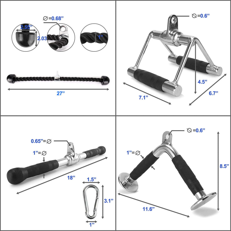 Fitness Tricep Press Down Cable Exercise Machine Attachments, V-Handle with Rotation, Rotating Bar, Tricep Rope, V-Shaped Bar, Weight Machine Accessories, Set of 4